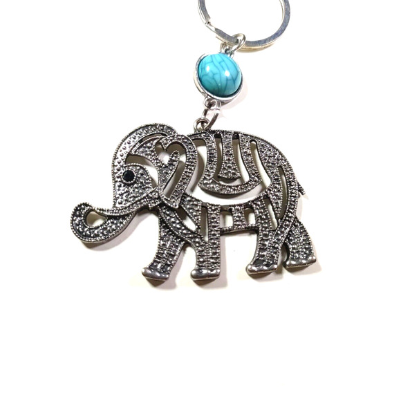 Elephant Keychain Cut Outs Blue Green Stone Silver Tone Purse Luggage Clip - Picture 5 of 8